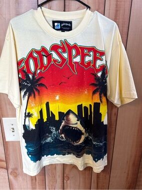 Godspeed Graphic Short Sleeve Tee - Yellow Sunset Shark Print